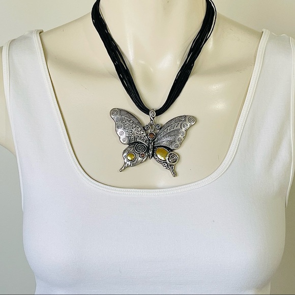TRIBAL BUTTERFLY NECKLACE multi textured multi metal layered cord chain ARTISAN - Picture 9 of 12